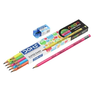 DOMS Neon Rubber Tipped HB/2 Graphite Pencils Box Pack | Non-Toxic | Free Sharpner Inside The Box | Easy & Smooth Sharpening