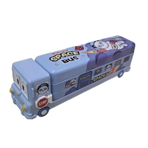 AMB 2 in 1 Cartoon Printed School Space Blue Bus Shaped Pencil Compass Box with Wheels and Sharpener Metal Box